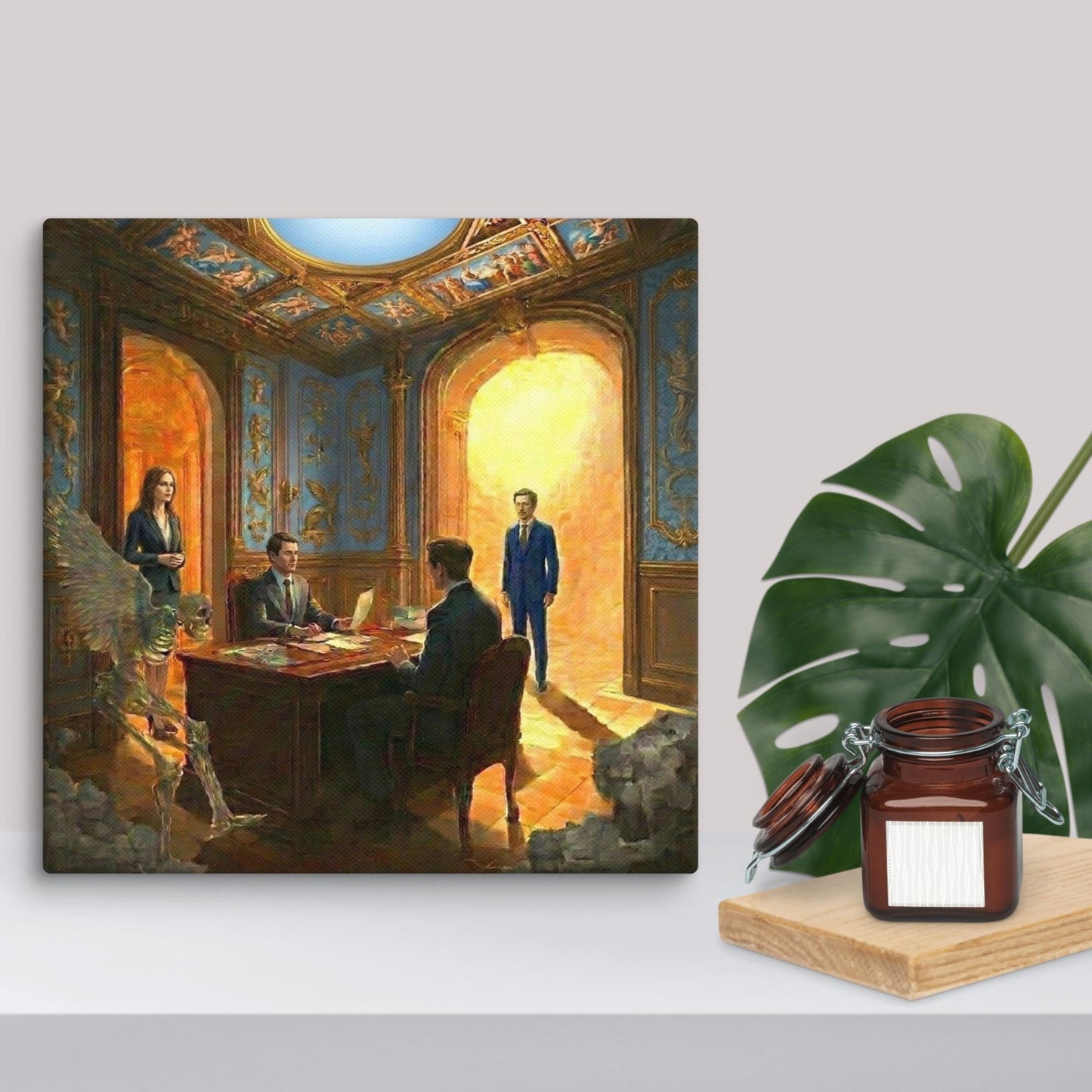 Surreal giclee print on canvas featuring people in suits, a winged skeleton and glowing portal displayed for size style
