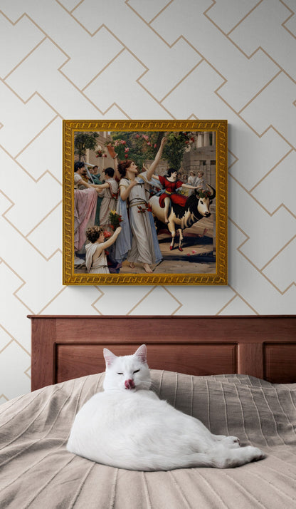 Classical mythology art print of a festival and flower-garlanded bull, framed on a wall above a cat on a bed.