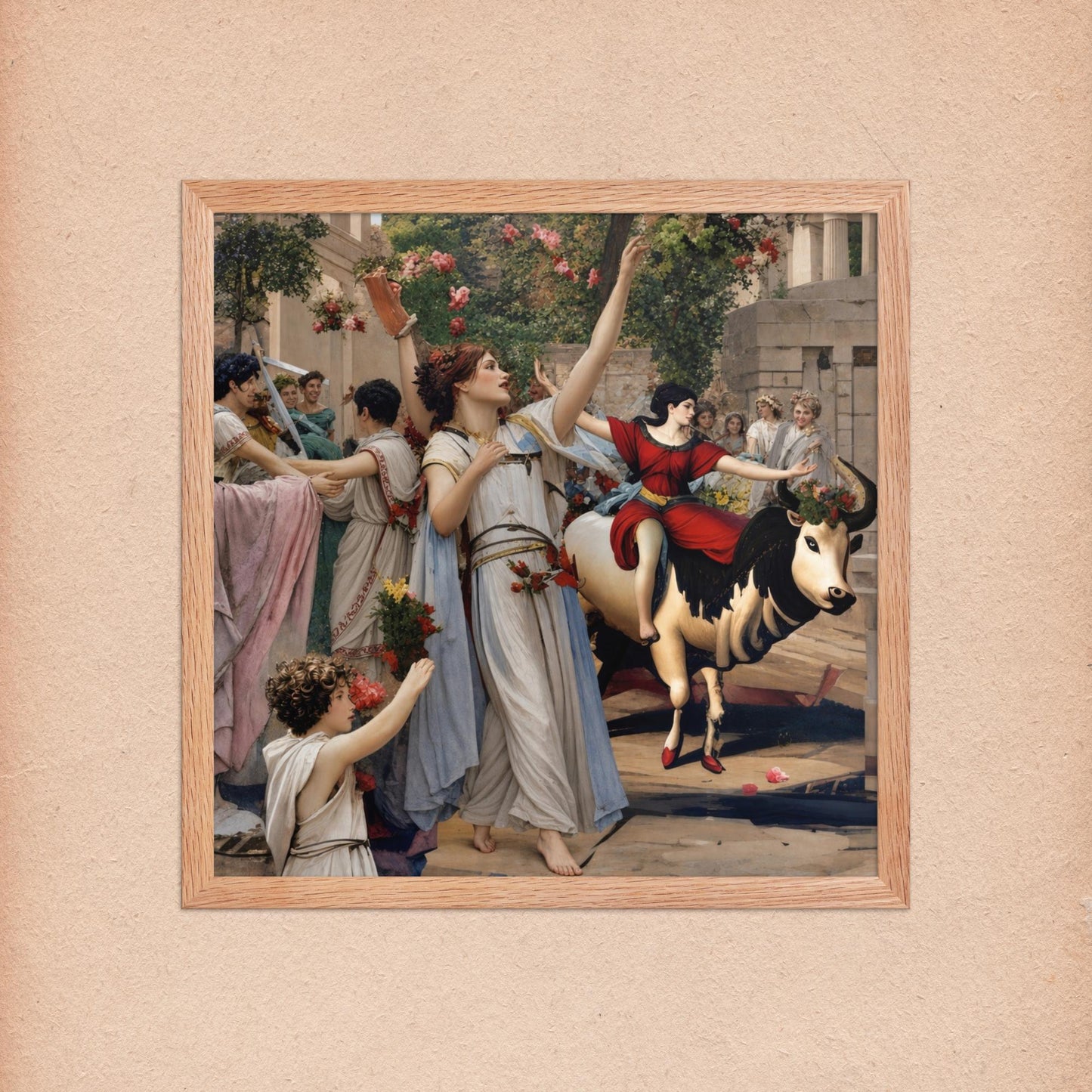 Framed Neoclassical mythology art print featuring dancing women, flower garlands, and a girl riding a bull.