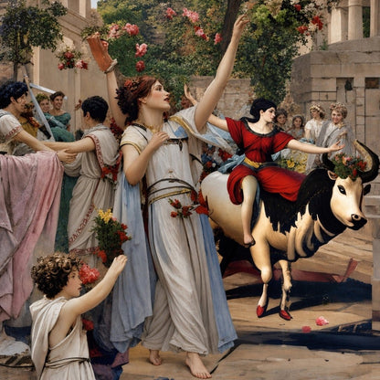 Greco-Roman festival with a woman dancing, a girl riding a garlanded bull, and onlookers in stone ruins.