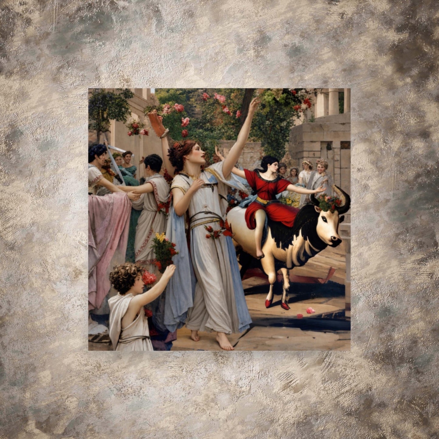 Classical art print of a vibrant Greek festival procession with dancing women in togas and a garland-adorned bull