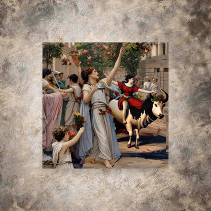 Classical art print of a vibrant Greek festival procession with dancing women in togas and a garland-adorned bull