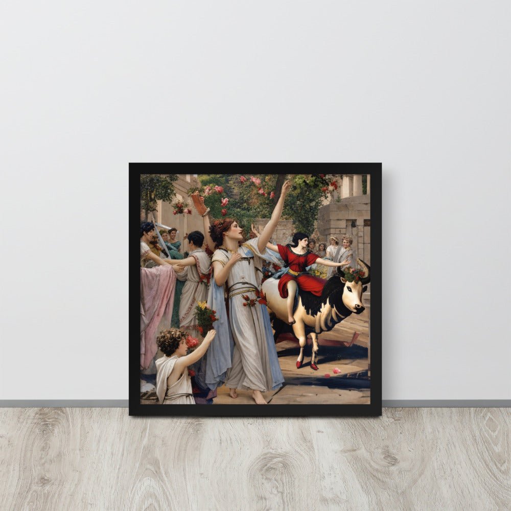 Framed art print of a Greco-Roman classical festival with a dancing woman and a bull on a light gray wall.