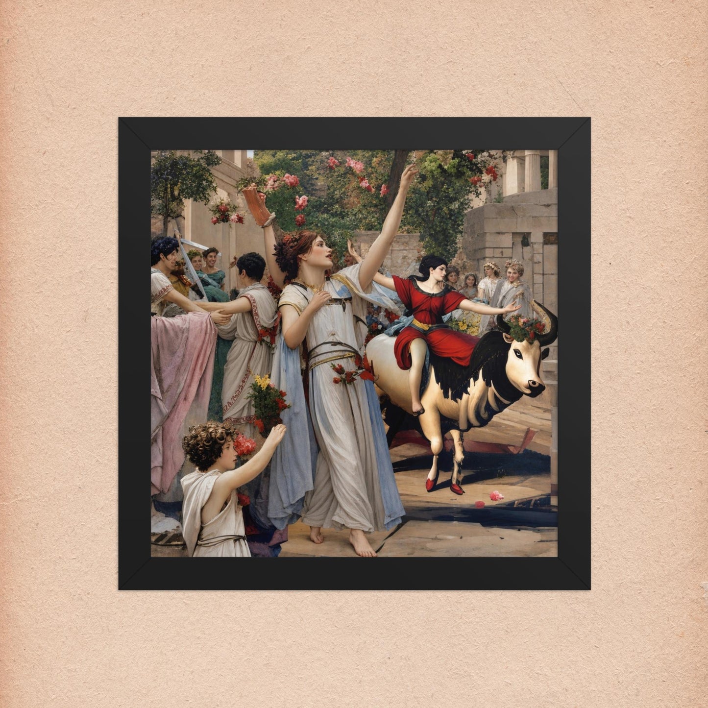 Festive Greco-Roman celebration featuring a woman dancing, a girl riding a garlanded bull, and onlookers in stone ruins, framed.
