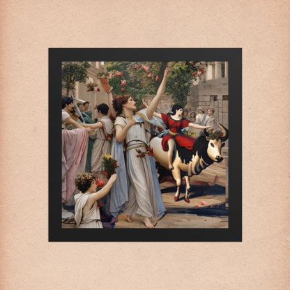 Festive Greco-Roman celebration featuring a woman dancing, a girl riding a garlanded bull, and onlookers in stone ruins, framed.