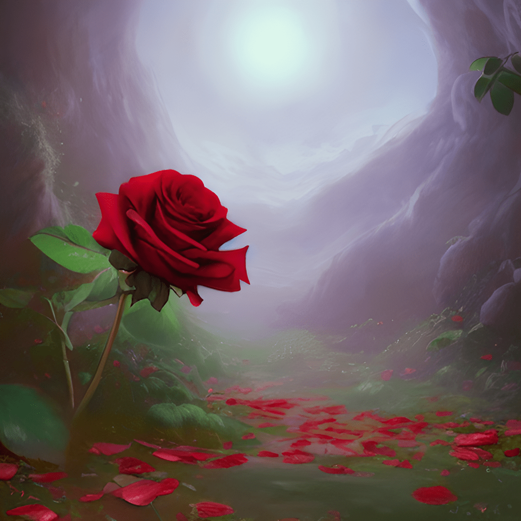 A red rose in soft light in an illuminated tunnel with scattered rose petals on the ground.