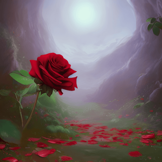 A red rose in soft light in an illuminated tunnel with scattered rose petals on the ground.