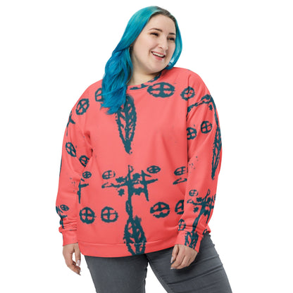 Front view of oversize fit for the Fashion Print Sweatshirt featuring vev voodoo symbols.