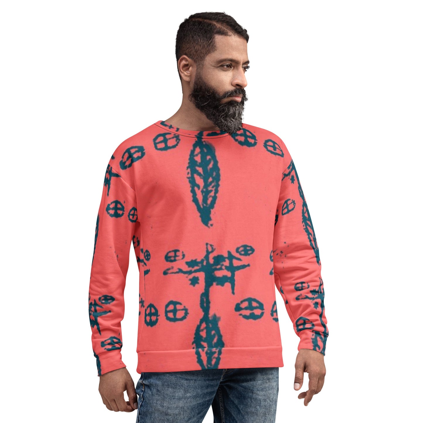 Front view of a man modeling the Fashion Print Sweatshirt, with detail of mystical veve symbols.