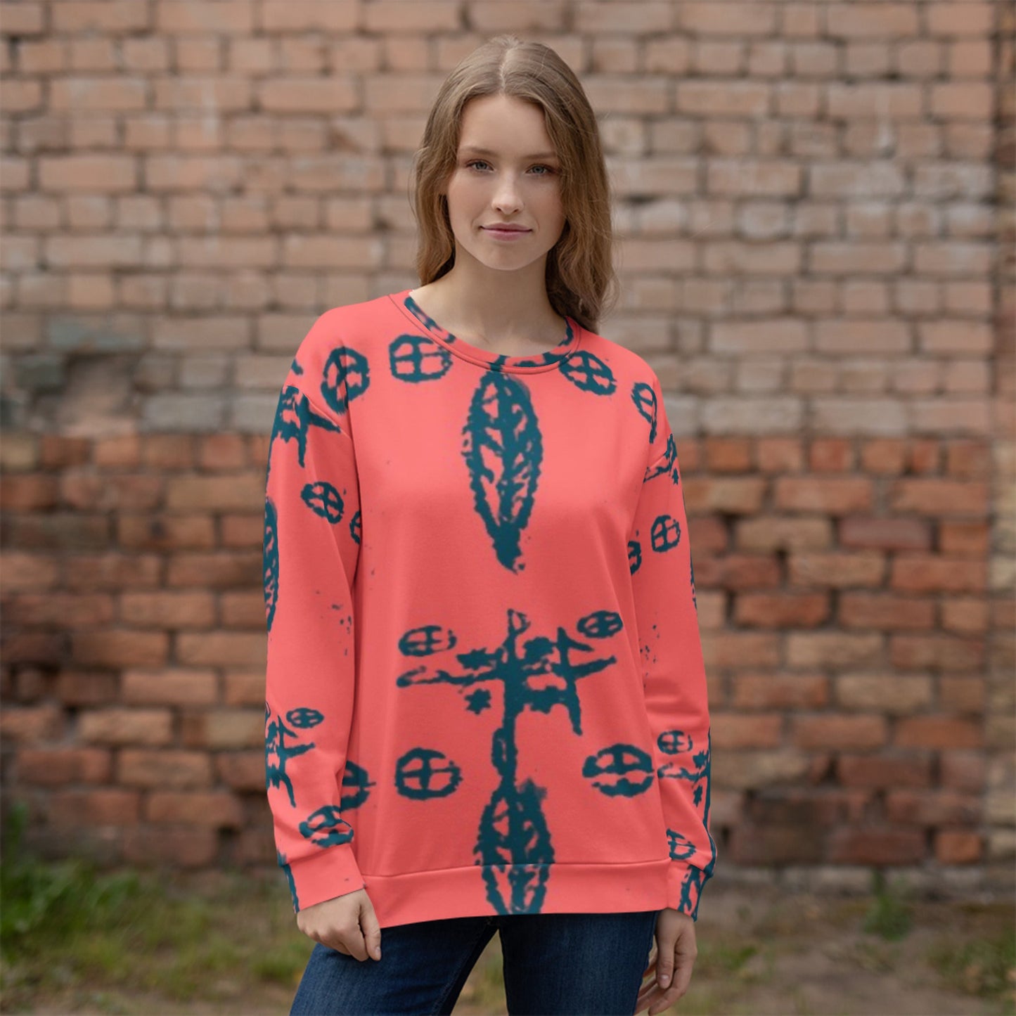 Unisex Fashion Print Sweatshirt designed by Delaney Henderson featuring hand drawn mysterious voodoo symbols.