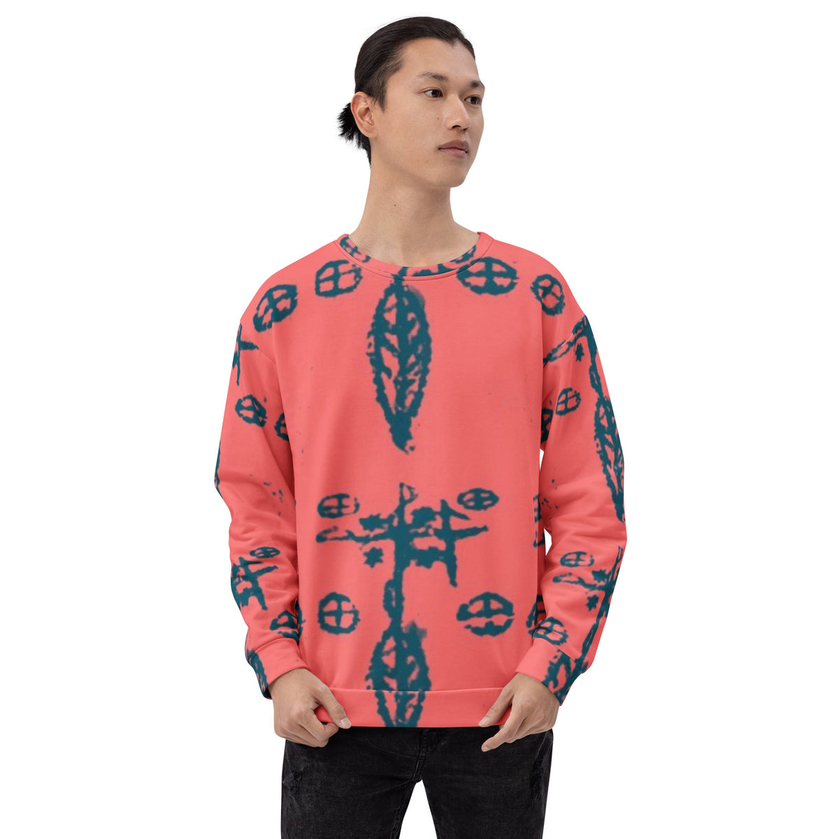 A woman modeling a Unisex Fashion Print Sweatshirt designed by Delaney Henderson featuring mysterious voodoo symbols.
