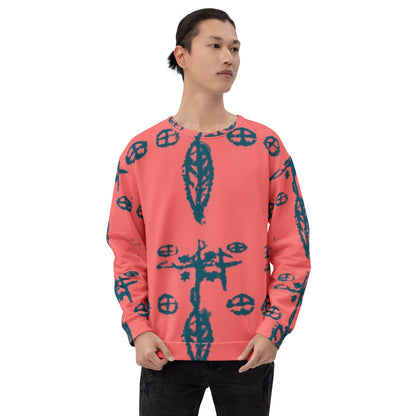 A woman modeling a Unisex Fashion Print Sweatshirt designed by Delaney Henderson featuring mysterious voodoo symbols.