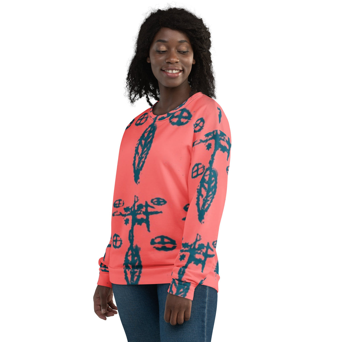 Side  of a woman modeling the Fashion Print Sweatshirt featuring mystical symbols.